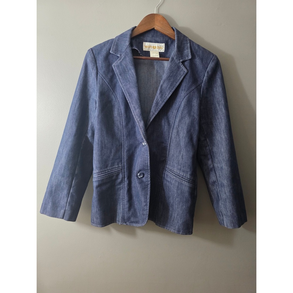 Vintage White Stag Denim Blazer Jacket Dark Wash Two Button Size 8